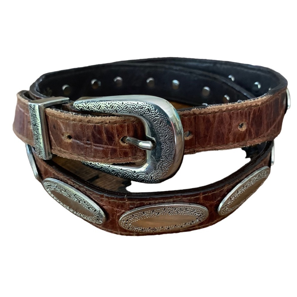 Cache Vintage Y2K Leather Silver Medallion Belt Boho Southwestern Sz M